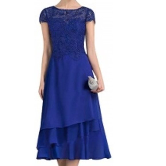New Blue A-Line High Scoop Neck Caps Chiffon Dress - Picture 1 of 6